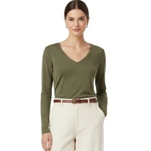 TAHARI Modern Essentials Womens XLarge V-Neck Long Sleeve Top Khaki Stretch